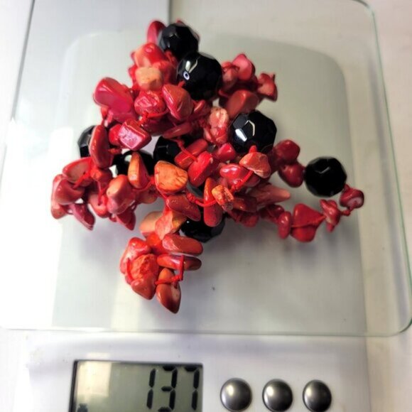 Coral Red and Black Chips and Bead Long Necklace - Picture 8 of 9